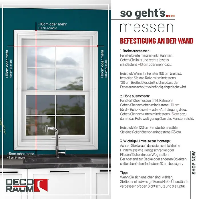 Deco-Raum Doppelrollo blickdicht 120x150 cm taupe Wand-Deckenmontage -  - Messanleitung für wandmontierte Rollos: Diagramm über einem Fenster zeigt erforderliche Breiten- und Höhenzuschläge für die Bestellung.