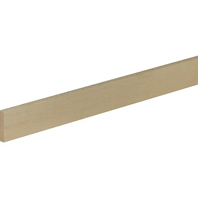 Profiles and more Rechteckleiste - 95 cm x 35 mm x 8 mm, Buche - Nahaufnahme eines hellen, unbehandelten Holzleiste, ideal für DIY-Projekte und Innenausbau, zeigt die natürliche Maserung des Holzes.