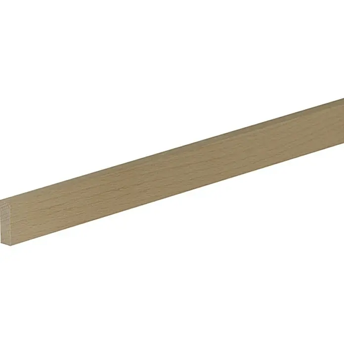 Profiles and more Rechteckleiste - 95 cm x 29 mm x 10 mm, Buche - Nahaufnahme eines hellen Holzstabes, der sich diagonal über den Rahmen erstreckt und die natürliche Maserung und Textur des Holzes zeigt.