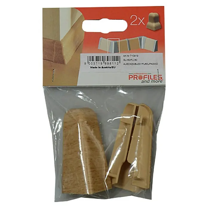 Profiles and more Außenecke FU60L - Buche, 2 Stk. - Produktbild: Zwei Eckprofile in Holzoptik in transparenter Verpackung, ideal für die stilvolle Gestaltung von Ecken.