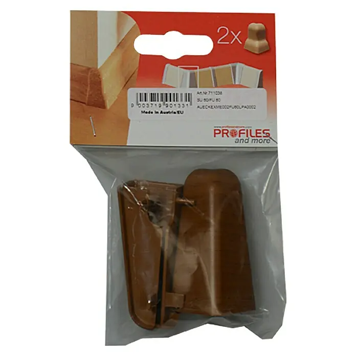 Profiles and more Außenecke FU60L - Merbau/Robinie, 2 Stk. - Eine Packung mit zwei braunen Eckverbindern für Holzprofile, ideal für saubere Abschlüsse.