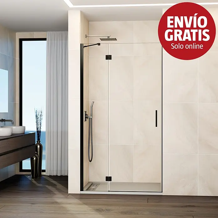 GME Mampara de ducha frontal Glass C - 95 x 195 cm, Titanio, An x Al: 95 (25/70) x 195 cm - Mampara de ducha moderna con perfiles negros y puerta de cristal transparente, instalada en un baño.