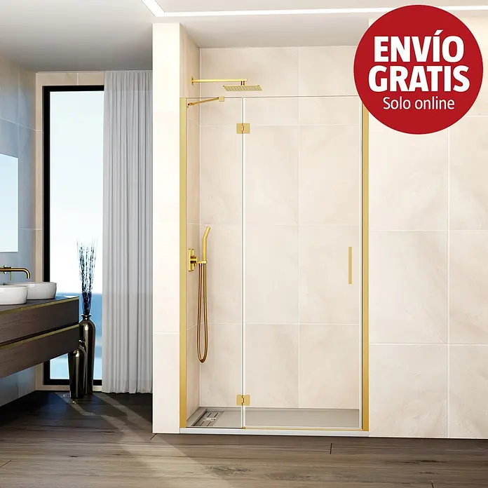 GME Mampara de ducha frontal Glass D - 75 x 195 cm, Espesor de vidrio: 8 mm, Oro, An x Al: 75 (25/50) x 195 cm - Mampara de ducha moderna con marco dorado y puerta de cristal transparente, con grifería dorada a juego en un baño contemporáneo.