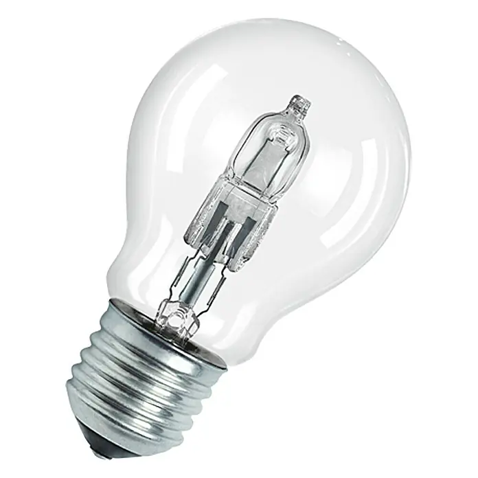 Osram Bombilla halógena incandescente Classic Eco Superstar A - E27, 30 W, 230 V, Blanco cálido, 1 ud. - Primer plano de una bombilla halógena clara con base de metal, que ofrece soluciones de iluminación brillantes y eficientes.