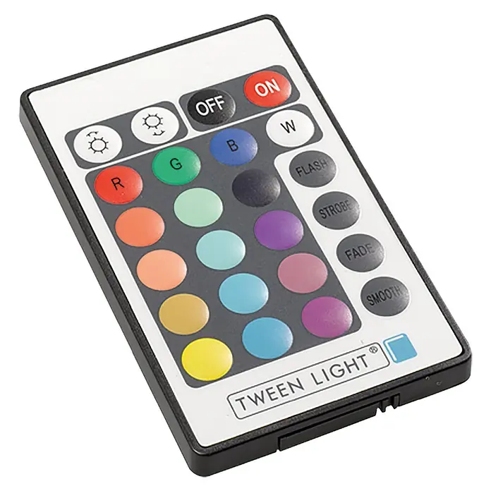 Tween Light Lichtleiste 4er Set - Länge: 160 cm, Lichtfarbe: Mehrfarbig, 0,15 W, Anzahl Leuchtmittel: 60 Stk. - Nahaufnahme einer Tween Light Fernbedienung mit zahlreichen Farbtasten, Ein/Aus-Schalter und Modusauswahl.