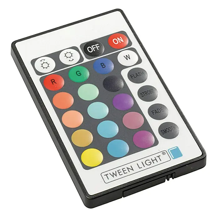 Tween Light Lichtleiste 4er Set - Länge: 160 cm, Lichtfarbe: Mehrfarbig, 0,15 W, Anzahl Leuchtmittel: 60 Stk. - Nahaufnahme einer Tween Light Fernbedienung mit zahlreichen Farbtasten, Ein/Aus-Schalter und Modusauswahl.