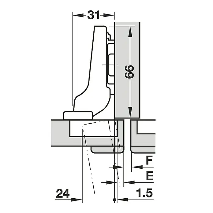 Stabilit Bisagra de cazoleta - Tope interior, Diámetro cazoleta: 35 mm, 95 ° - Dibujo de un herraje de mueble con dimensiones, mostrando detalles de instalación y medidas del producto como referencia.