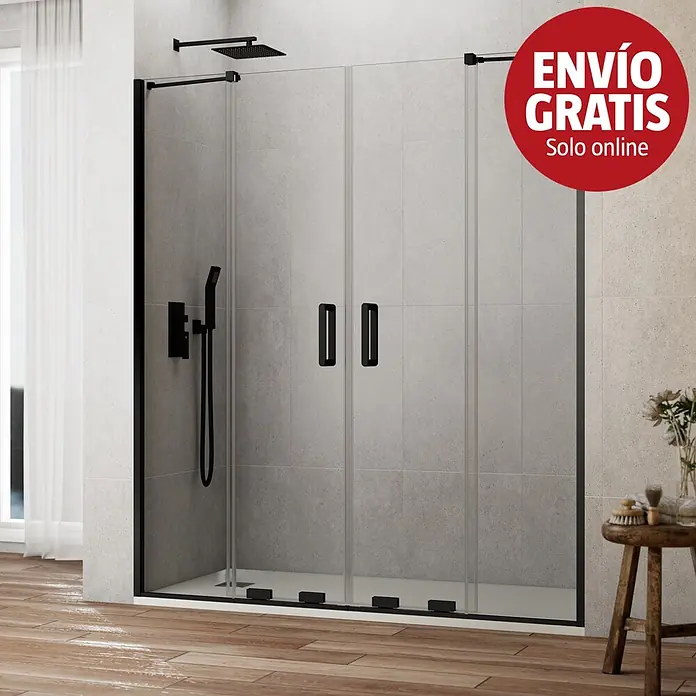 GME Mampara de ducha frontal Kenna - 314 x 195 cm, Espesor de vidrio: 8 mm, Negro - Mampara de ducha con marco negro, paneles de cristal transparente y tiradores negros en un baño moderno.
