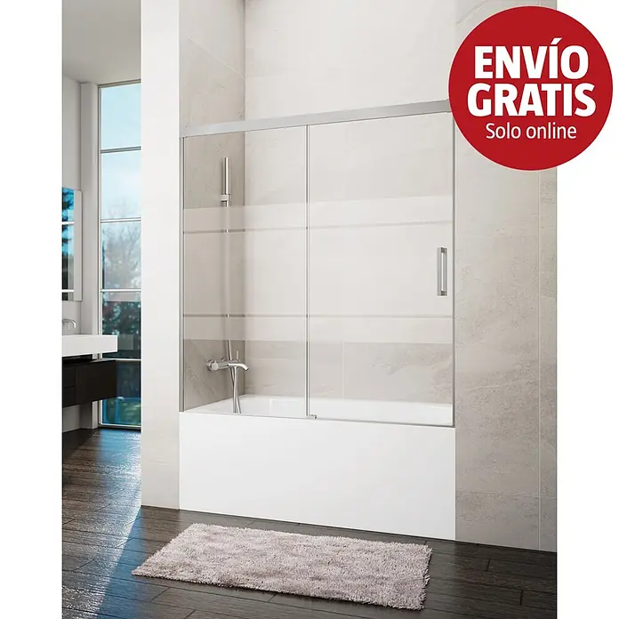 GME Mampara para bañera Basic - An x Al: 160 x 150 cm, Vidrio serigrafiado, Níquel - Mampara de ducha corredera de cristal con franjas esmeriladas, instalada en una bañera blanca.