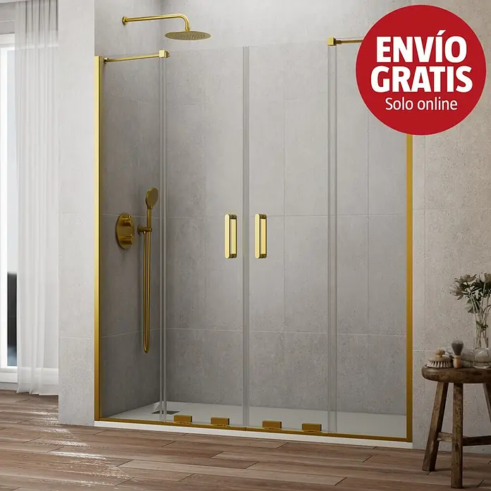 GME Mampara de ducha frontal Kenna - 314 x 195 cm, Espesor de vidrio: 8 mm, Oro - Mampara de ducha moderna con elegante marco dorado y accesorios a juego en un baño contemporáneo.