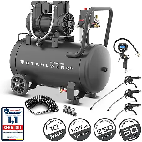 Kompressor (ST-501 Pro) 50 L Tank, 10 bar, ölfrei & leise 70dB 1400 W