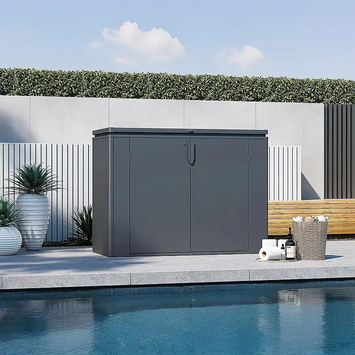 Weide Noble MAX Gartenbox 1340 L Stahl 1,6 m x 70 cm x H 120 cm Anthrazit -  - Dunkelgrauer Outdoor-Gartenschrank am Pool, bietet elegante und funktionale Aufbewahrung für Outdoor-Essentials.