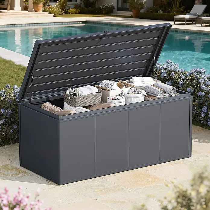 Weide Noble Gartenbox 830 L Stahl/Alu 1,6 m x 75 cm x H 70 cm Anthrazit -  - Dunkelgraue Outdoor-Aufbewahrungsbox mit geöffnetem Deckel, gefüllt mit Poolhandtüchern und Zubehör, neben einem Schwimmbecken.