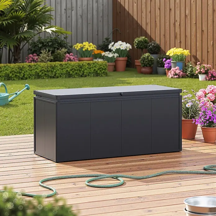 Weide Noble Gartenbox 640 L Stahl/Alu 1,52 m x 62 cm x H 68 cm Anthrazit -  - Dunkelgraue Outdoor-Aufbewahrungsbox auf einer Holzterrasse in einem üppigen Garten.