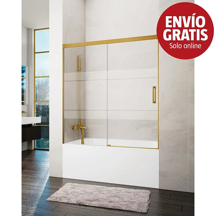 GME Mampara para bañera Basic - An x Al: 160 x 150 cm, Vidrio serigrafiado, Oro - Mampara de bañera con marco dorado, franjas de cristal esmerilado y grifería dorada a juego sobre una bañera blanca.