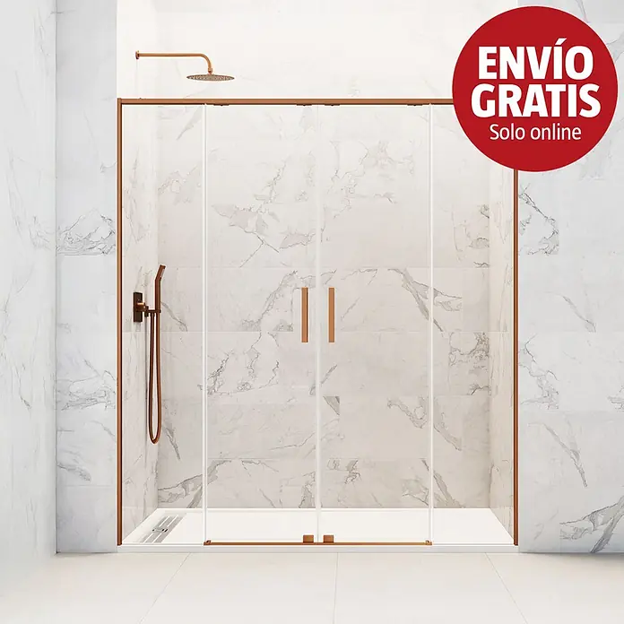 GME Mampara de ducha frontal Twenty Spazio - 150 x 195 cm, Espesor de vidrio: 6 mm, Cobre - Mampara de ducha de tono bronce con paneles de cristal transparente y grifería a juego en un baño moderno con azulejos.