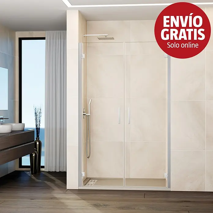 GME Mampara de ducha frontal Glass - 91,7 x 195 cm, Espesor de vidrio: 6 mm, Cromo - Mampara de ducha de cristal moderna con perfiles cromados y puertas dobles, instalada en un baño alicatado con suelo de madera y tocador.