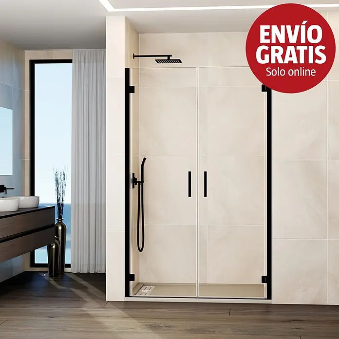 GME Mampara de ducha frontal Glass - 91,7 x 195 cm, Espesor de vidrio: 6 mm, Negro - Mampara de ducha con marco negro y dobles puertas de cristal transparente en un baño moderno.