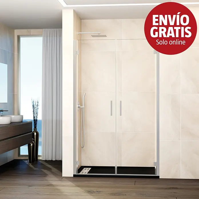 GME Mampara de ducha frontal Glass - 91,7 x 195 cm, Espesor de vidrio: 6 mm, Nickel - Mampara de ducha moderna con puertas de cristal transparente, asas plateadas y plato negro en un baño.