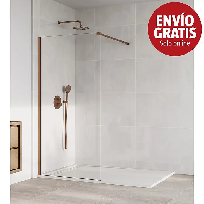 GME Mampara de ducha fija Screen Cobre - An x Al: 88 x 195 cm, Cobre - Ducha a ras de suelo con cristal transparente, marco de bronce, grifería a juego y plato blanco en un baño moderno.