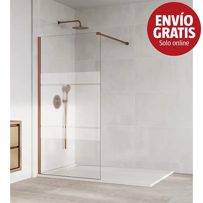 GME Mampara de ducha fija Screen Cobre - An x Al: 108 x 195 cm, Cobre - Mampara de ducha walk-in con panel de cristal transparente y marco acabado bronce, con grifería a juego y plato de ducha blanco.