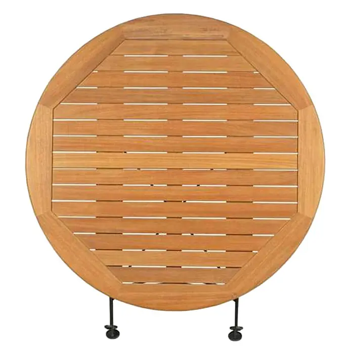 Teak Klapptisch rund 90 cm edler Bistrotisch für Balkon Terrasse Garten -  - Runde Tischplatte aus Holzlamellen mit zwei schwarzen Beinbefestigungen.