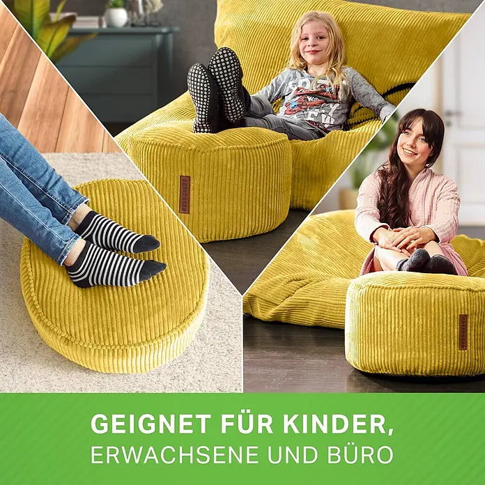 Green Bean Sitzhocker Pouf Cord mit EPS Füllung 45x25 cm Gelb -  - Gelber Kord-Sitzsack und Hocker, vielseitig einsetzbar für Kinder, Erwachsene und Büro.