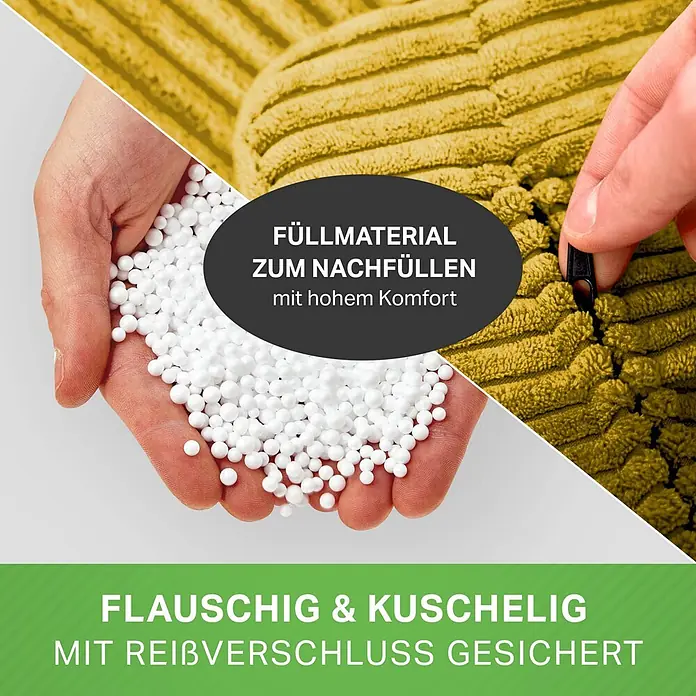 Green Bean Sitzhocker Pouf Cord mit EPS Füllung 45x25 cm Gelb -  - Hand hält weiße Füllkügelchen neben einem gelben, weichen Stoff, der per Reißverschluss geschlossen wird. Zeigt Nachfüllung und Komfort.
