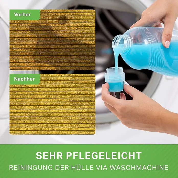 Green Bean Sitzhocker Pouf Cord mit EPS Füllung 45x25 cm Gelb -  - Vorher-Nachher-Vergleich von goldgelbem, strukturiertem Stoff, der durch Maschinenwäsche mit blauem Waschmittel gereinigt wird.