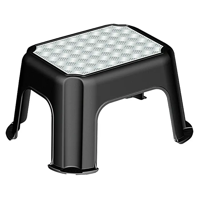 Trittschemel - 36 x 43 x 24 cm, Belastbarkeit: 150 kg, Schwarz/Silber Metallic - Abbildung eines kleinen schwarzen Tritthockers mit rutschfester Oberfläche. Perfekt für den täglichen Gebrauch im Haushalt.