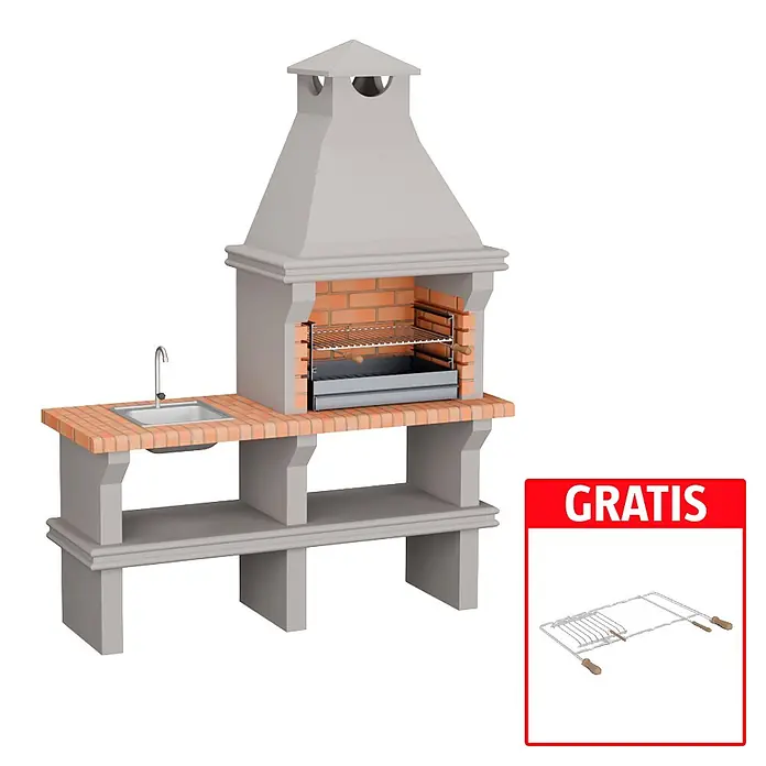 Sotnas Barbacoa de obra Ibiza - Gris/Ladrillo, An x Pr x Al: 168 x 60 x 219 cm, Superficie parrilla: 60 x 38 cm, Con fregadero - Barbacoa de obra exterior con fregadero integrado y parrilla de regalo.