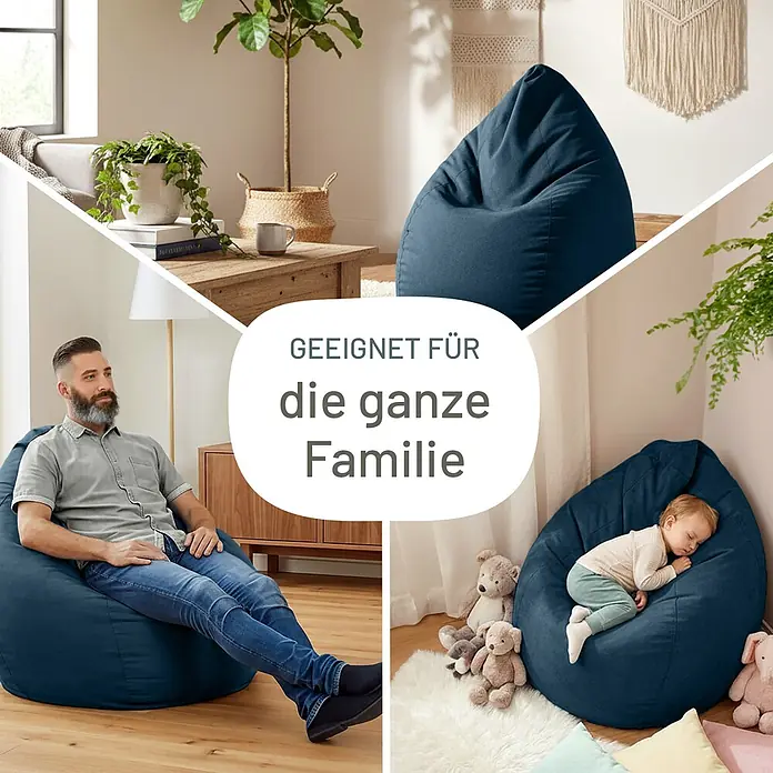 Green Bean Sitzsack Drop mit Rückenlehne 60x60x90 cm Dunkelblau -  - Dunkelblauer Sitzsack, von Erwachsenem und Baby genutzt, für die ganze Familie geeignet.
