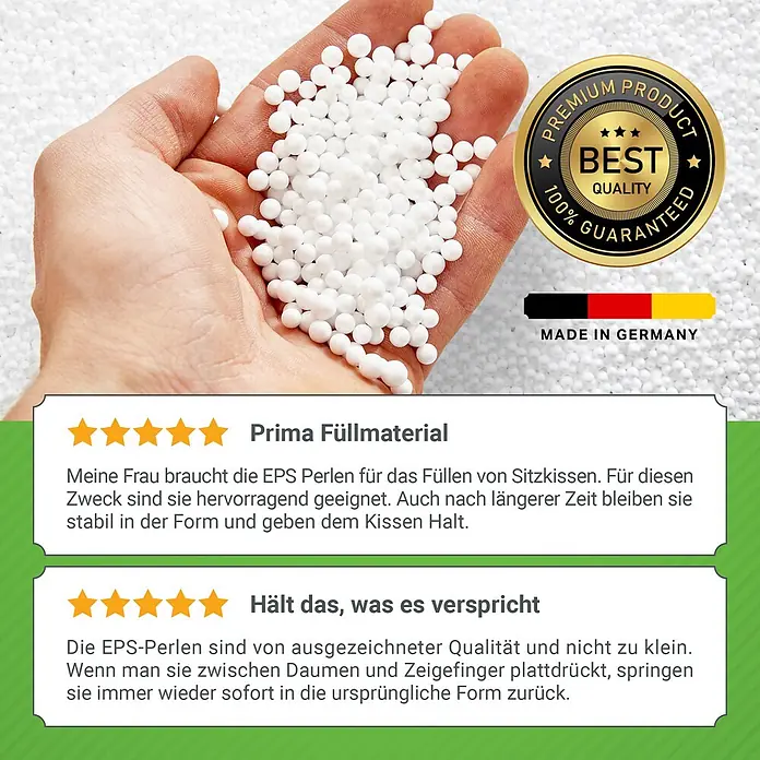 Green Bean EPS Perlen Sitzsack Füllung Nachfüllpack 1 L -  - Weiße EPS-Perlen als Füllmaterial, in einer Hand gehalten.