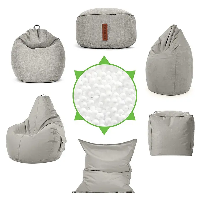 Green Bean EPS Perlen Sitzsack Füllung Nachfüllpack 1 L -  - Sortiment grauer GREEN BEAN Sitzsäcke in verschiedenen Formen mit zentraler Abbildung weißer Polystyrol-Füllkügelchen.