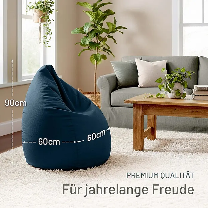 Green Bean Sitzsack Drop mit Rückenlehne 60x60x90 cm Dunkelblau -  - Dunkelblauer Stoff-Sitzsack, 90cm hoch und 60cm breit, auf weißem Teppich im Wohnzimmer.