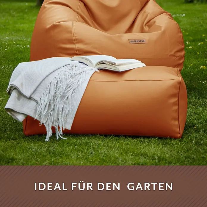 Green Bean Sitzhocker Cube Max Kunstleder 70x33x28 cm Cognac -  - Orange Outdoor-Sitzsack und passender Hocker mit Decke und Buch.