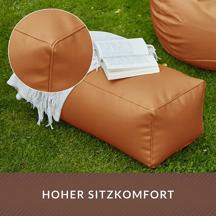 Green Bean Sitzhocker Cube Max Kunstleder 70x33x28 cm Cognac -  - Brauner rechteckiger Kunstleder-Pouf mit Buch und Decke, der hohen Sitzkomfort bietet.