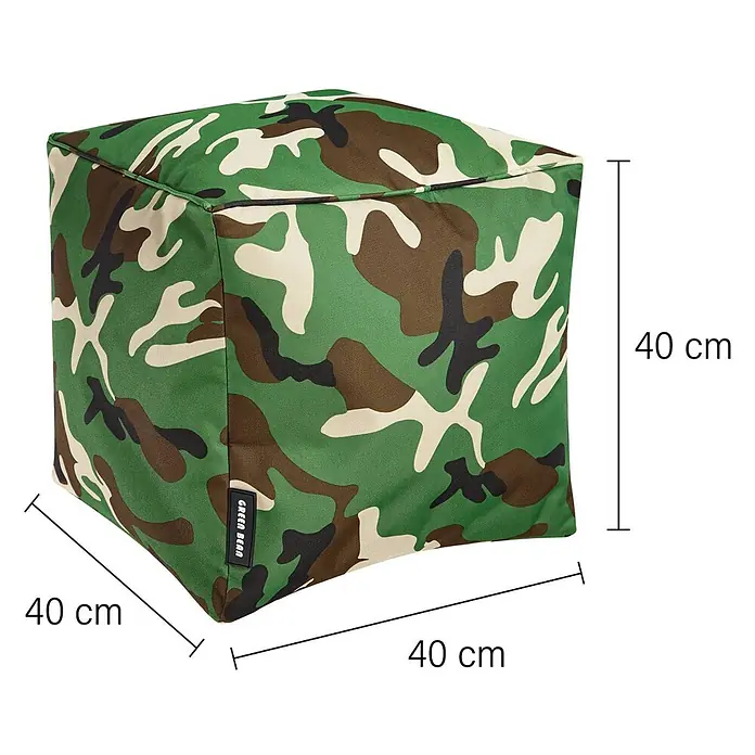 Green Bean Sitzhocker Cube mit EPS Füllung 40x40x40 cm Camouflage Grün -  - Würfelförmiger Pouf mit grünem, braunem und beigem Camouflage-Muster, 40x40x40 cm.