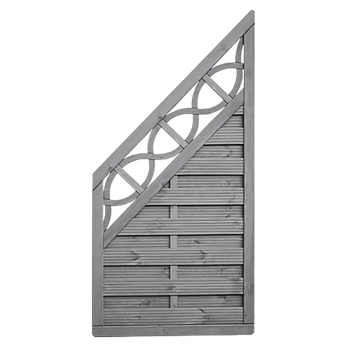 Sichtschutzelement Gründau - 89 x 89/179 cm, Abgeschrägt, Mit Ornament-Gitter, Grau - Ein graues Holzzaunelement mit dekorativem Gittermuster im oberen Bereich, ideal für Garten oder Terrasse.