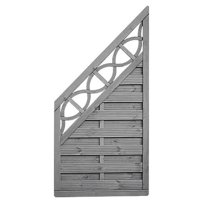 Sichtschutzelement Gründau - 89 x 89/179 cm, Abgeschrägt, Mit Ornament-Gitter, Grau - Ein graues Holzzaunelement mit dekorativem Gittermuster im oberen Bereich, ideal für Garten oder Terrasse.