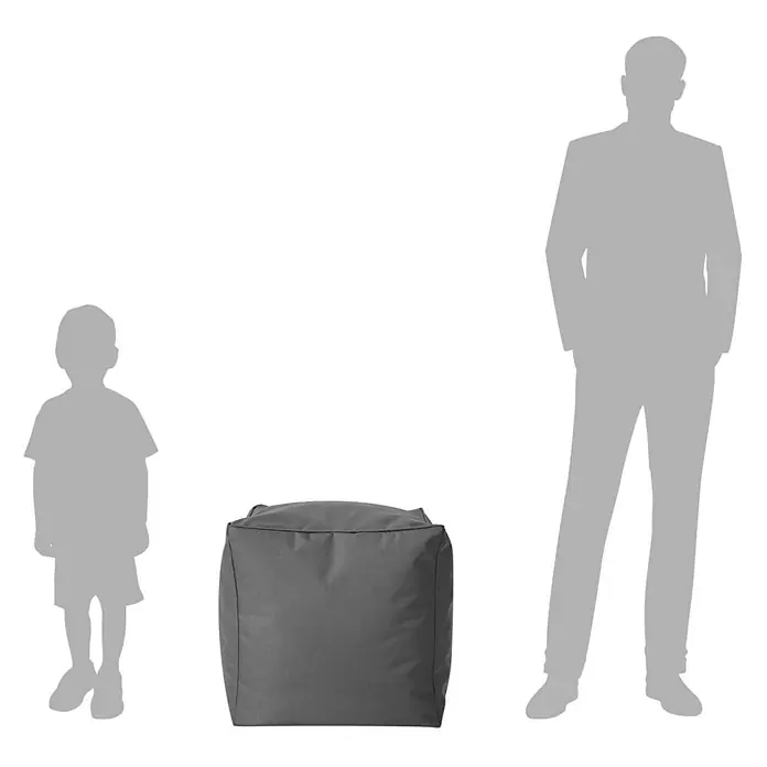 Green Bean Sitzhocker Cube mit EPS Füllung 40x40x40 cm Grau -  - Ein kompakter grauer quadratischer Pouf/Hocker, mit Kinder- und Erwachsenensilhouetten zur Größenbestimmung.