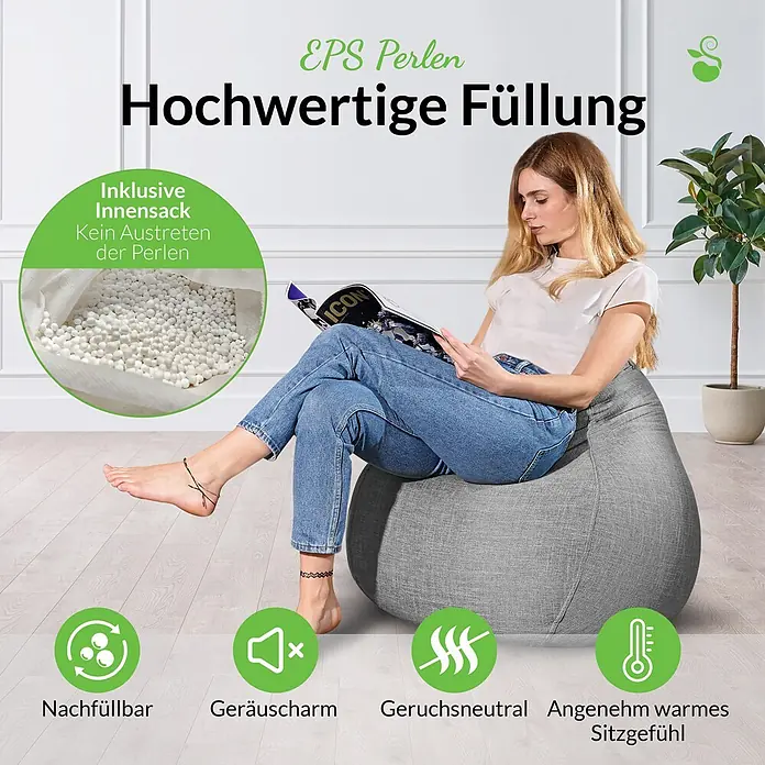 Green Bean Sitzsack Set Home Linen XXL mit Hocker 2 tlg. Silbergrau -  - Eine Frau sitzt lesend auf einem grauen Sitzsack. Er hat eine hochwertige EPS-Perlenfüllung mit Innensack, der Auslaufen verhindert und ist nachfüllbar.