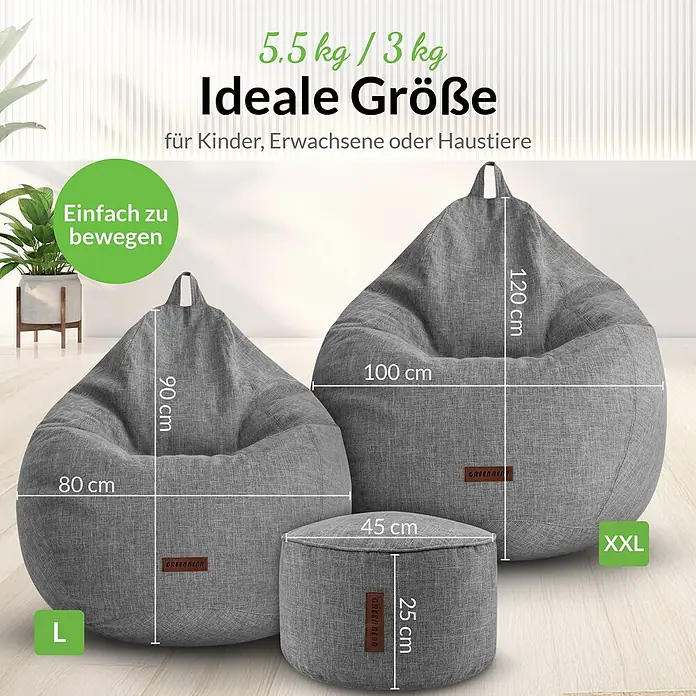 Green Bean Sitzsack Set Home Linen XXL mit Hocker 2 tlg. Silbergrau -  - Zwei graue Stoff-Sitzsäcke (L, XXL) und ein passender Hocker mit Maßen. Ideal für verschiedene Nutzer und leicht zu bewegen.