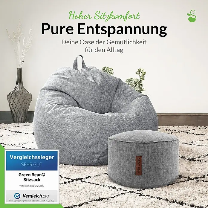 Green Bean Sitzsack Set Home Linen XXL mit Hocker 2 tlg. Silbergrau -  - Grauer Sitzsack und passender Pouf mit Leinenstruktur auf einem flauschigen Teppich, für gemütliche Entspannung.