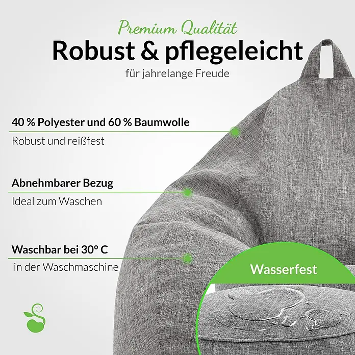 Green Bean Sitzsack Set Home Linen XXL mit Hocker 2 tlg. Silbergrau -  - Grauer Stoffsitzsack aus Polyester und Baumwolle mit robustem, abnehmbarem und wasserfestem Bezug.