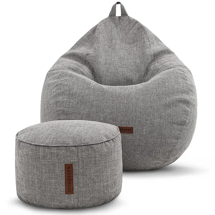 Green Bean Sitzsack Set Home Linen XXL mit Hocker 2 tlg. Silbergrau -  - Heller, grauer strukturierter Stoff-Sitzsack mit Griff und passendem runden Hocker.