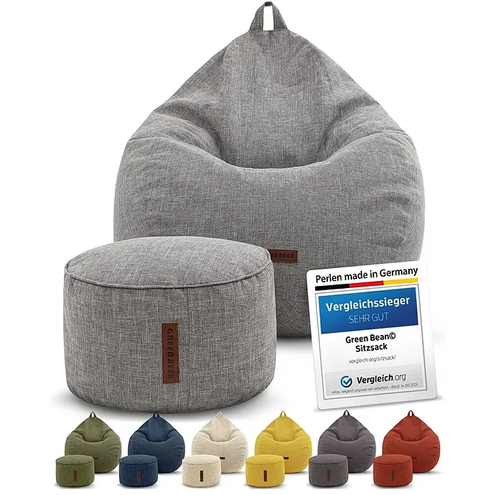 Green Bean Sitzsack Set Home Linen XXL mit Hocker 2 tlg. Silbergrau -  - Grauer Stoff-Sitzsack und passender Pouf. Mehrere weitere Farboptionen sind unten abgebildet.