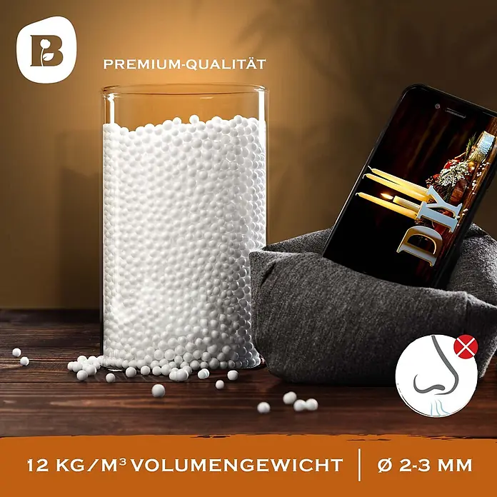 Bonvivre EPS Perlen Sitzsack Füllung Nachfüllpack 5 L -  - Weiße Styropor-Kügelchen (2-3 mm, 12 kg/m³ Raumgewicht) in einem Glas, zeigen Premium-Qualität und Geruchsfreiheit.