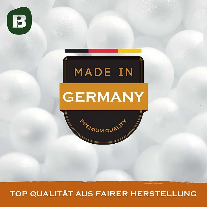 Bonvivre EPS Perlen Sitzsack Füllung Nachfüllpack 5 L -  - Label 'Made in Germany, Premium Quality' mit B-Logo und 'Top Qualität aus fairer Herstellung' auf weißen Kügelchen.