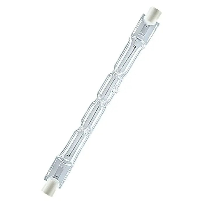 Osram Haloline Halogenstab Haloline ECO - 120 W, R7s, Warmweiß, Länge: 118 mm - Produktabbildung einer klaren Halogenlampe mit weißen Endkappen, ideal für helles, effizientes Licht und hochwertige Beleuchtungslösungen.